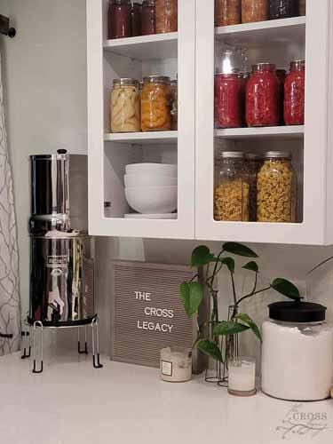 berkey-water-filter-on-kitchen-counter-next-to-cabinet-filled-with-canned-vegetables-in-mason-jars