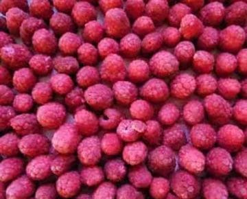 Close up of frozen raspberries.