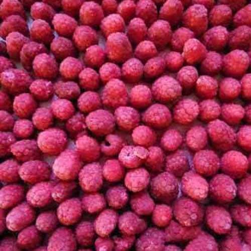 Close up of frozen raspberries.