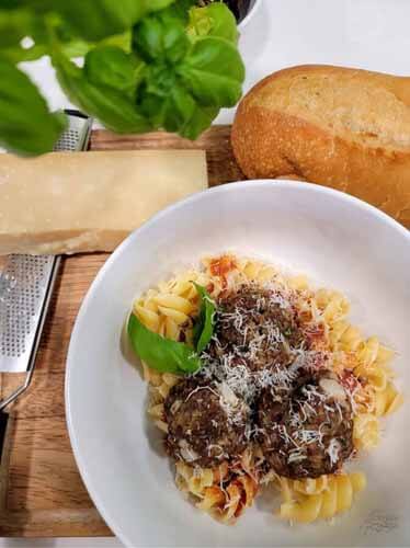 allergy-friendly, gluten-free meatballs pair nicely with this pasta