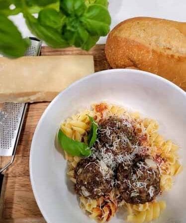 allergy-friendly, gluten-free meatballs pair nicely with this pasta