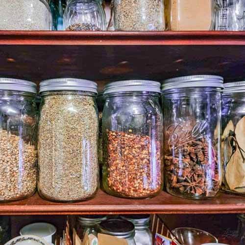my spice shelf in the pantry with spices in larger glass jars