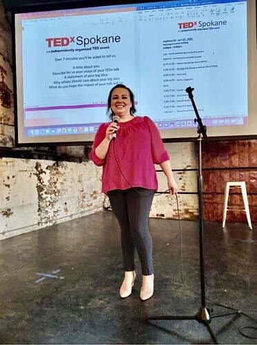 Amy Cross practicing her TEDx Talk in Spokane, WA.