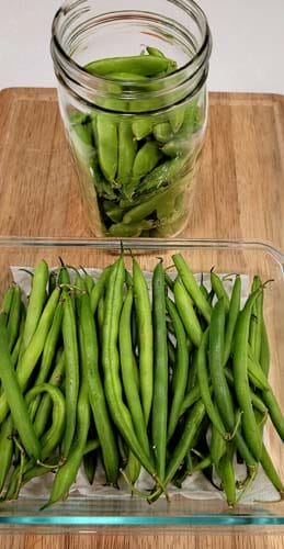 garden-fresh-green-beans-in-a-rectangle-pyrex-dish-and-a-mason-jar-sitting-on-a-wooden-cutting-boardgydF4y2Ba