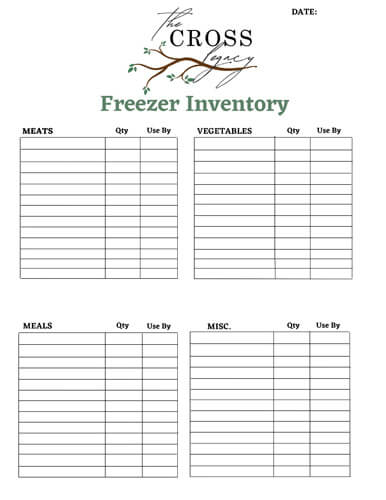 Freezer Inventory Categories printable
