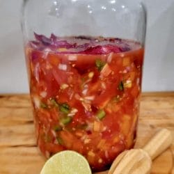 Homemade Salsa in jar with lime and citrus juicer