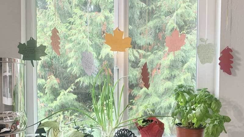 Paper fall leaves hanging from string in kitchen window with sentimental notes written on them.