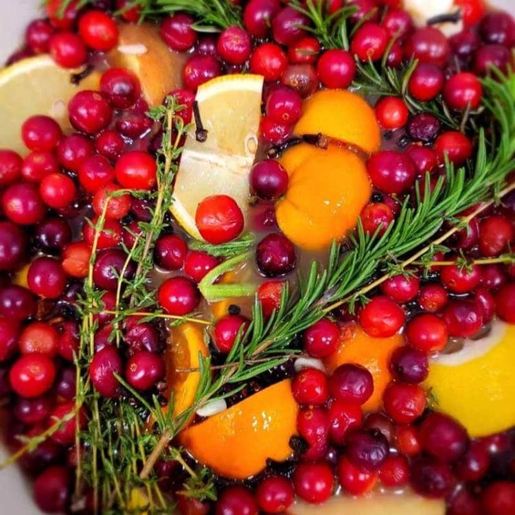 Thanksgiving Turkey Brine fresh ingredients - Cranberries, oranges, rosemary, thyme, and lemons.