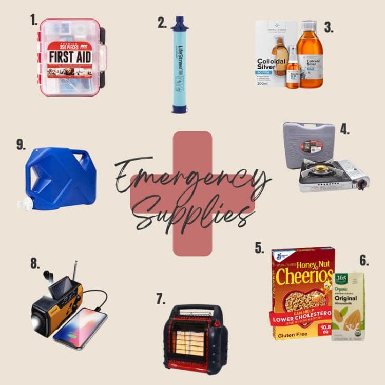Graphic with assorted emergency preparedness supplies such as a First Aid Kit, Colloidal Silver, Water Jug, Portable Heater, etc.