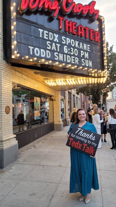 Amy Cross outside the Bing Crosby Theater after her TED Talk.