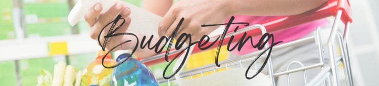 Budget Page Header Image: Close up of woman leaning on a grocery cart holding a receipt.