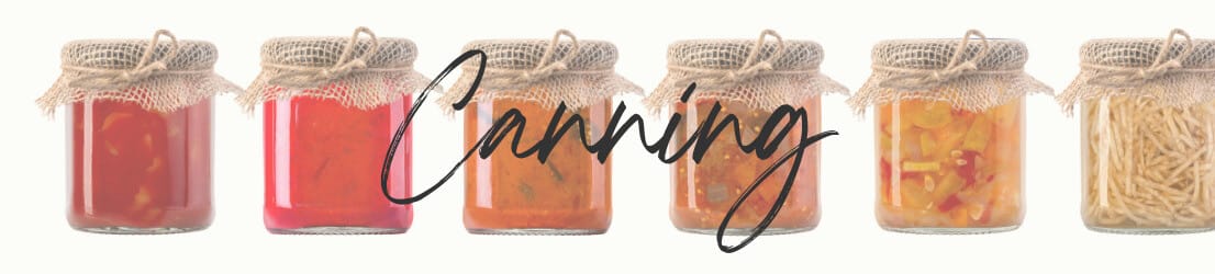 Canning Page Header Image: An array of canned goods such as pickles, peppers, and relish.