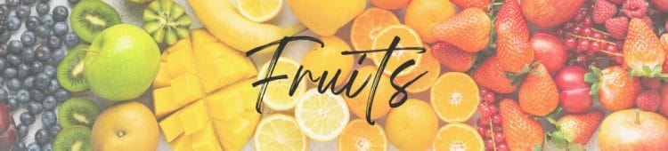 close up of fresh fruit produce - blueberries, kiwi, green apple, mango, lemons, oranges, strawberries, etc. with the word "Fruit" in the center. Category Page Header Image for Fruit page.