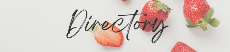 Fresh sliced and whole strawberries with the word "Directory" overlaid. Website Page Header Graphic for Directory Page.