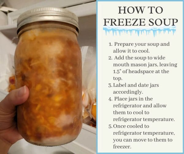 How to Freeze Soup Graphic. Pic of frozen soup in a glass mason jar with 5 steps on how to safely freeze soup.
