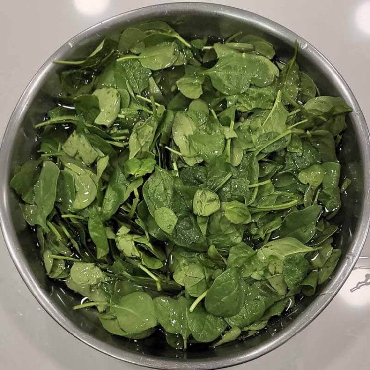 Baby spinach in a large bowl of water and distilled white vinegar soaking for 2 minutes.