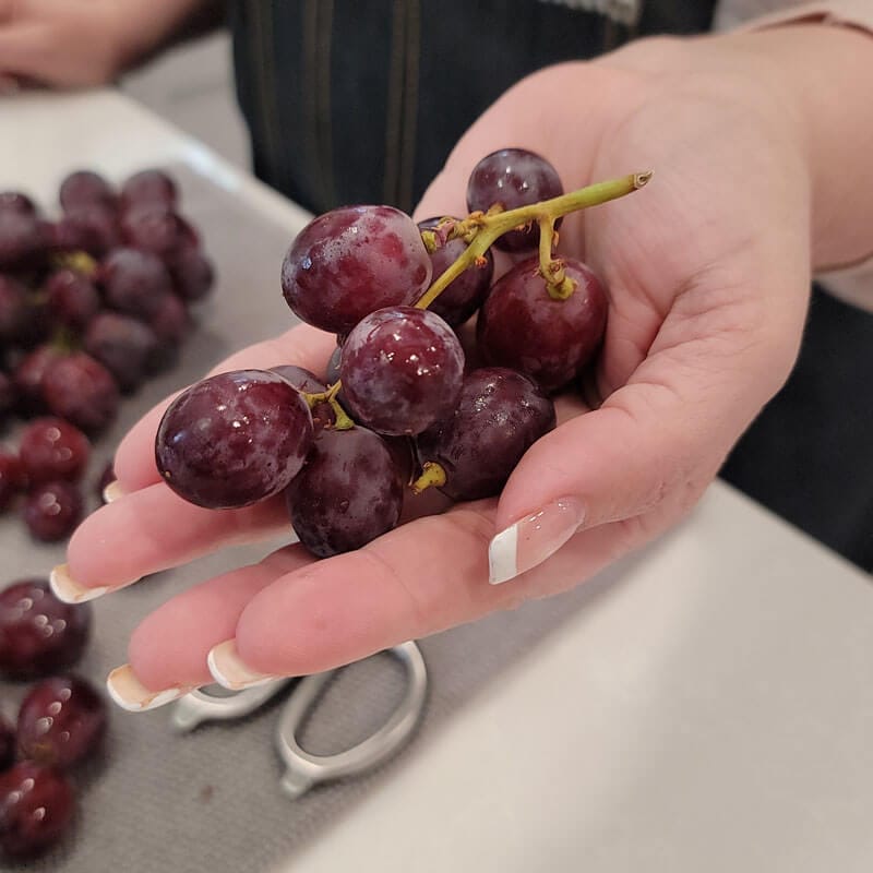 Amy Cross holding snack size bunches of grapes in her hand.