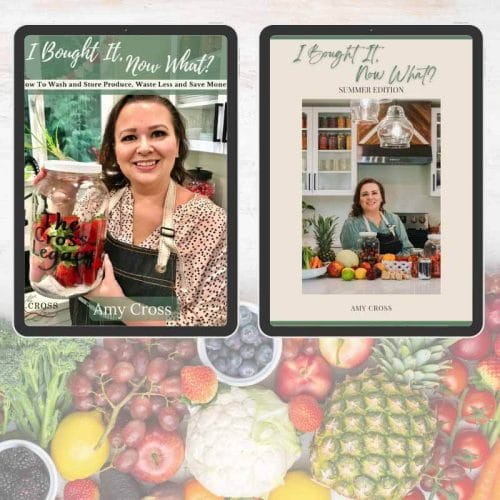 Image of both 'I Bought It, Now What?' eBook covers on a backdrop of fresh fruits.