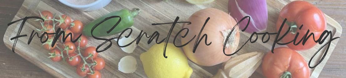 From Scratch Cooking Blog Post Page Header Image - Wooden cutting board with fresh veggies and homemade dip.