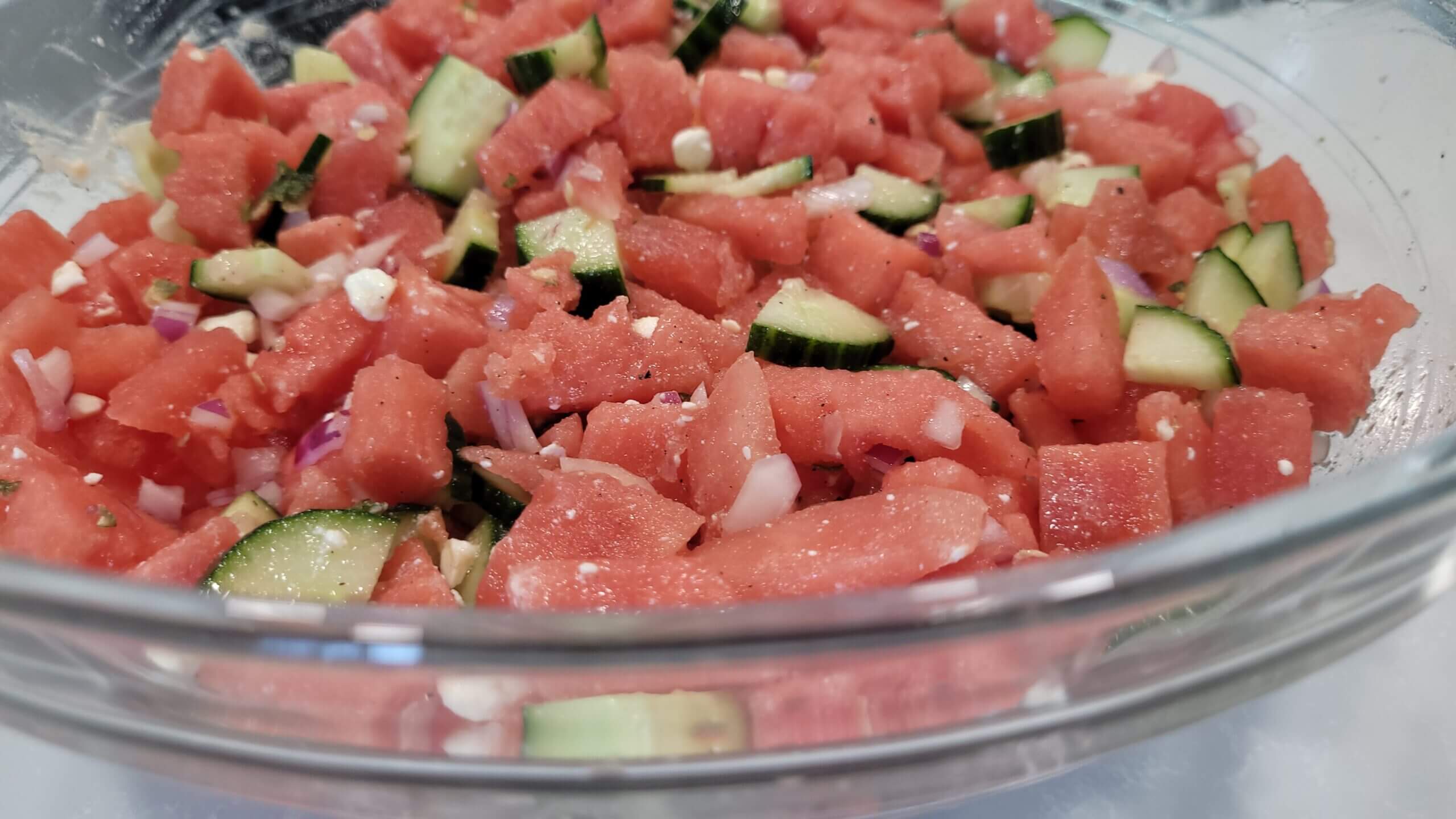 bowl of finished watermelon feta salad 