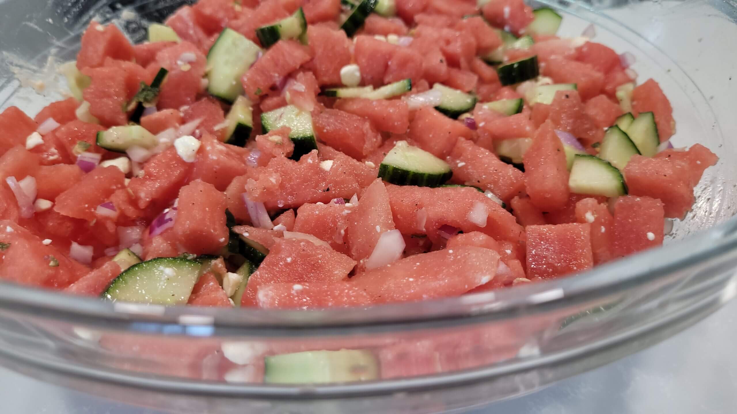 bowl of finished watermelon feta salad